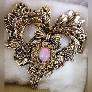 Antique Gold Ribbon Heart w/ Opal